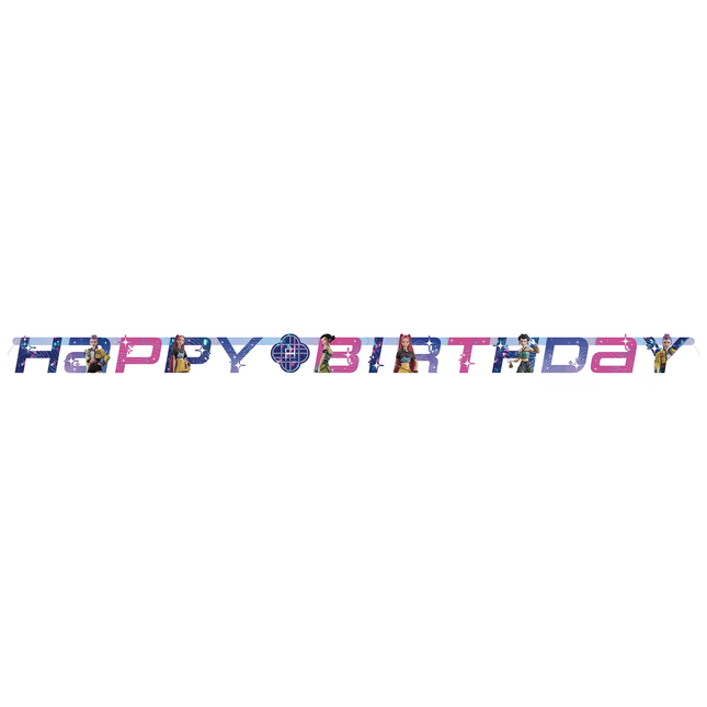 KPop Demon Hunters Happy Birthday Banner horizontal 'HAPPY BIRTHDAY' banner with colorful letters and small printed character photos, shown on a plain white background.