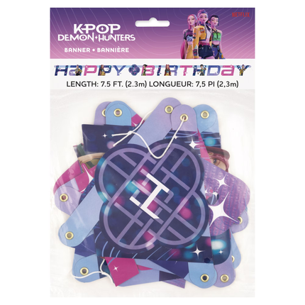 K-POP Demon Hunters Happy Birthday banner package, featuring a purple and blue galaxy-themed banner with character graphics on a white background.