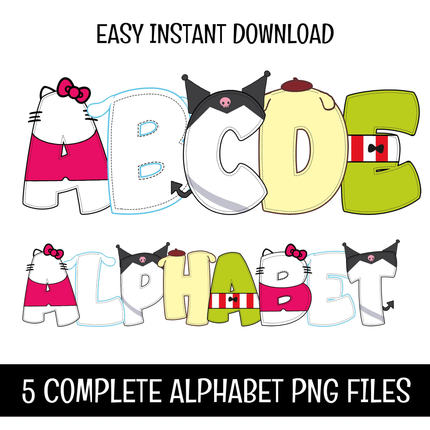 Hello Kitty and Friends Doodle Alphabet Letters PNG Bundle Instant Download