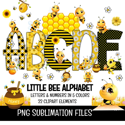 Little Bee Doodle Alphabet Letters PNG Bundle Instant Download