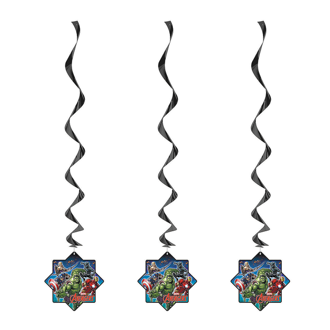 Three hanging decorative swirls with Avengers superhero design on a white background