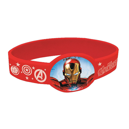 Red wristband with Iron Man design and Marvel Avengers logo on a white background
