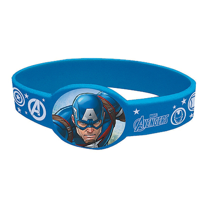 Blue wristband with Captain America design and Marvel Avengers logo on a white background