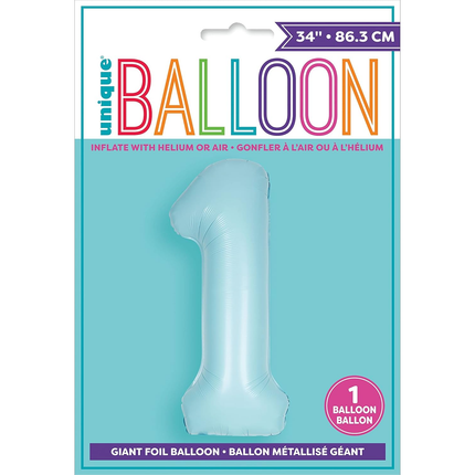 Matte Powder Blue 1 Number Foil Balloon 34"