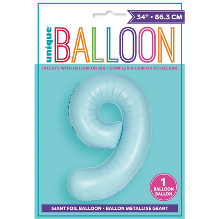 Matte Powder Blue 9 Number Foil Balloon 34"