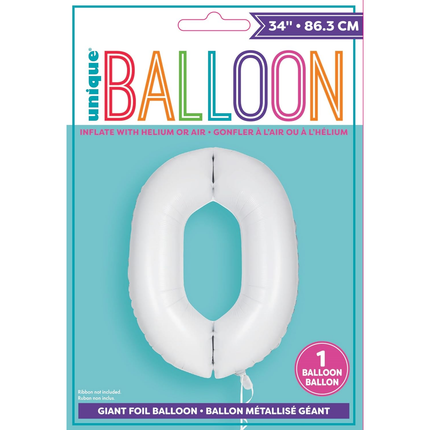 Matte White 0 Number Foil Balloon 34"