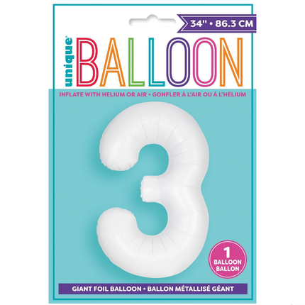 Matte White 3 Number Foil Balloon 34"