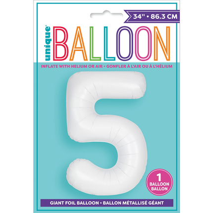Matte White 5 Number Foil Balloon 34"