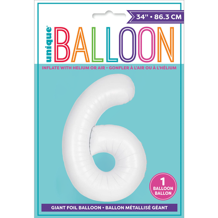 Matte White 6 Number Foil Balloon 34"