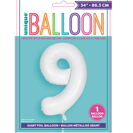 Matte White 9 Number Foil Balloon 34"