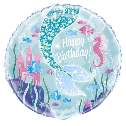 Underwater-themed birthday balloon with seahorses, fish, and castle design on a blue background.