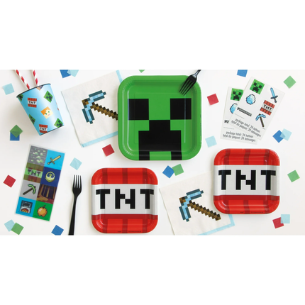 Minecraft-themed party supplies including plates and cups on a white background