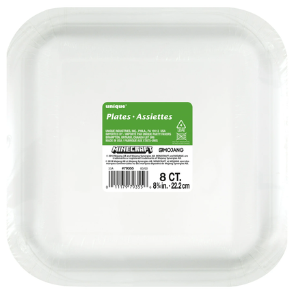 White disposable plates with a green label on a white background