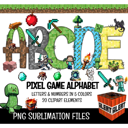 Minecraft Doodle Alphabet Letters PNG Bundle Instant Download
