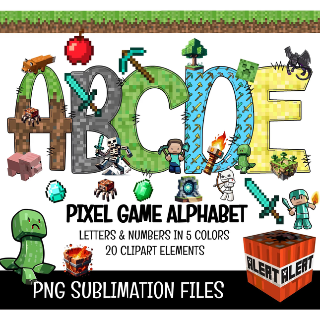 Minecraft Doodle Alphabet Letters PNG Bundle Instant Download