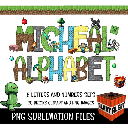 Minecraft Doodle Alphabet Letters PNG Bundle Instant Download