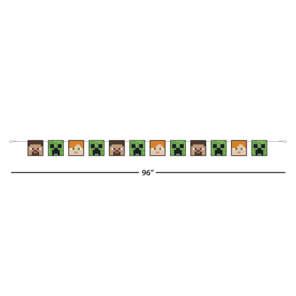 A pixel-art character garland banner on a white background, with a measurement line indicating 96 inches. The garland features repeating Minecraft-style faces including Steve, Creepers, and a brown block character.