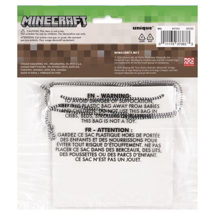 A Minecraft-themed plastic bag packaging containing a white warning label with black text and chain-link graphics. The package features the Minecraft logo at the top, a green header, and a brown block-patterned band.