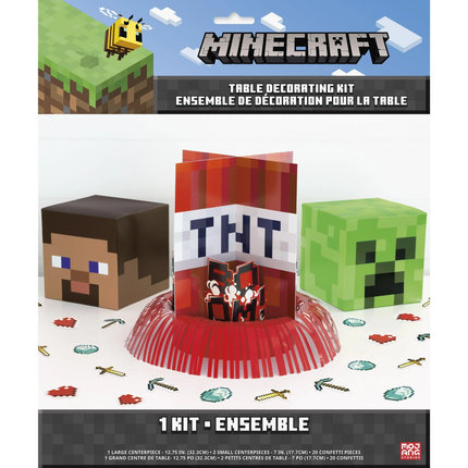 Minecraft table decorating kit packaging with characters and TNT center piece.