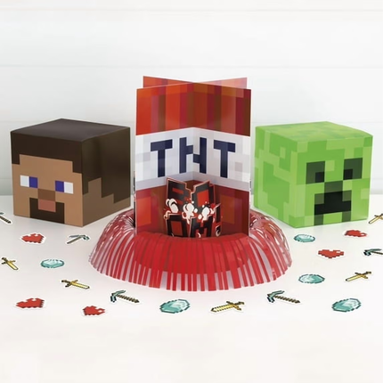 Minecraft-themed party decorations including a TNT card and character blocks on a white background.