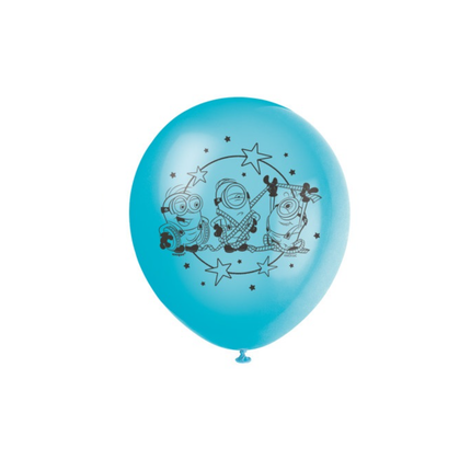A single light blue latex balloon featuring a black graphic of three cartoon Minions characters under a crescent moon and stars, shown against a plain white background.