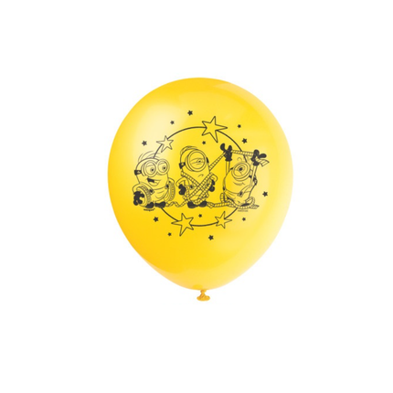 A yellow latex balloon featuring a black graphic of three Minions characters with space-themed tools and stars, shown against a plain white background.