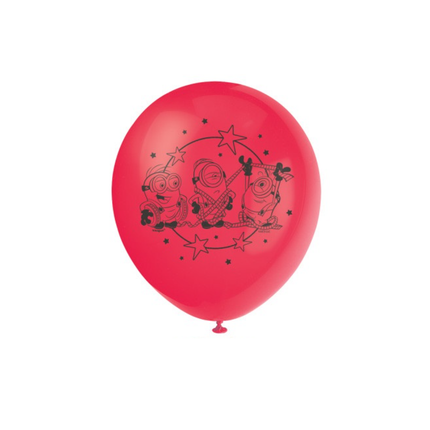 A red latex balloon featuring a black graphic print of three Minions characters sitting under a crescent moon and stars, shown against a plain white background.