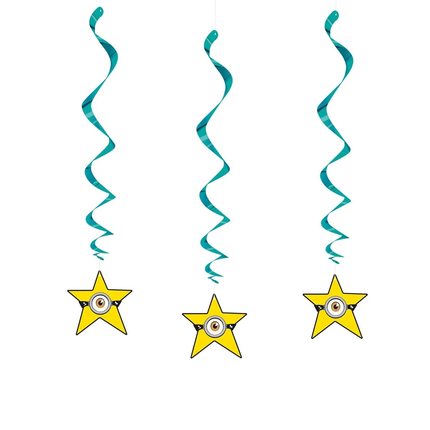 Three Minions -shaped hanging decorations with cartoon eyes, each suspended from a long teal spiral ribbon on a plain white background.