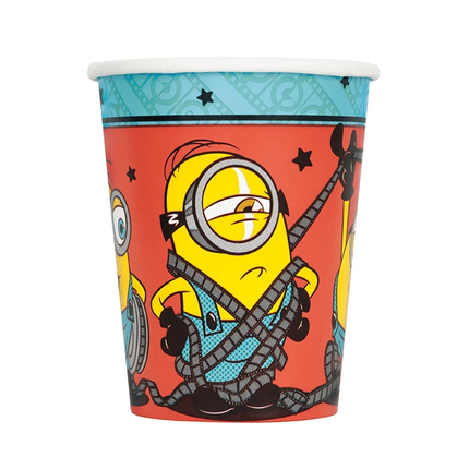 A Minions-themed paper party cup featuring a red background with cartoon characters, a blue patterned top band, and a white rim, shown on a plain white background.