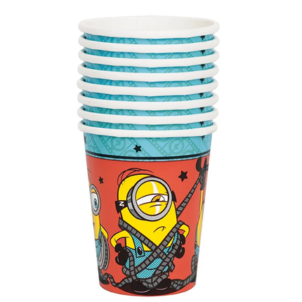 A stack of Minions party cups with a red and blue design featuring cartoon characters, shown on a plain white background.