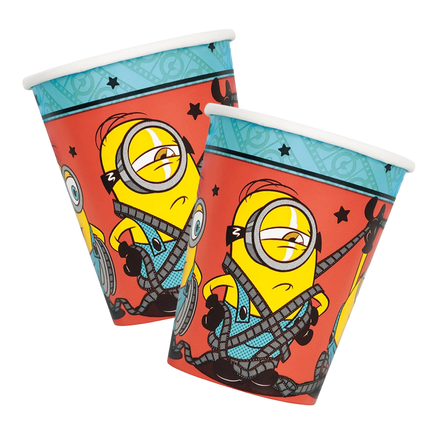 Two paper cups featuring a Minions cartoon character print, shown on a plain white background.