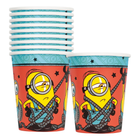 A stack of and individual paper party cups featuring a cartoon Minion design on a red background with a blue patterned band at the top, shown on a white background.
