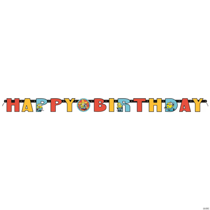 Minions Themed HAPPY BIRTHDAY' banner made of individual letters in red, yellow, and blue, with small cartoon character details inside some letters, displayed against a plain white background.