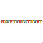 Minions Themed HAPPY BIRTHDAY' banner made of individual letters in red, yellow, and blue, with small cartoon character details inside some letters, displayed against a plain white background.