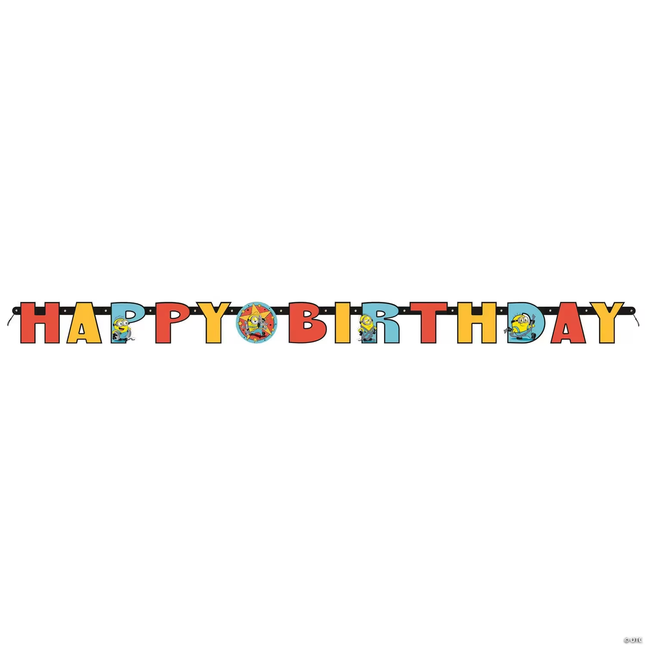 Minions Themed HAPPY BIRTHDAY' banner made of individual letters in red, yellow, and blue, with small cartoon character details inside some letters, displayed against a plain white background.