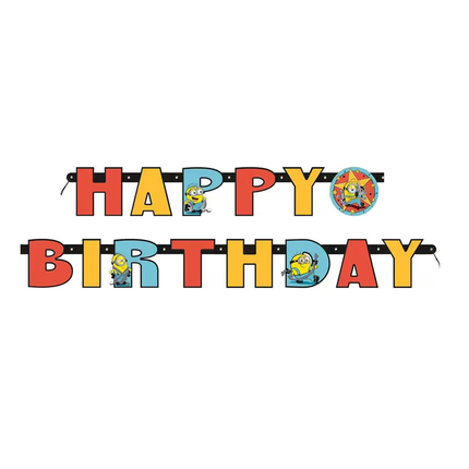 Minions 'HAPPY BIRTHDAY' banner featuring cartoon Minions characters inside the letters, displayed on a clean white background.