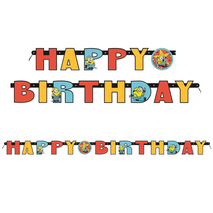 Minions 'HAPPY BIRTHDAY' party banner featuring cartoon Minions characters inside each letter, shown in three horizontal rows against a plain white background.