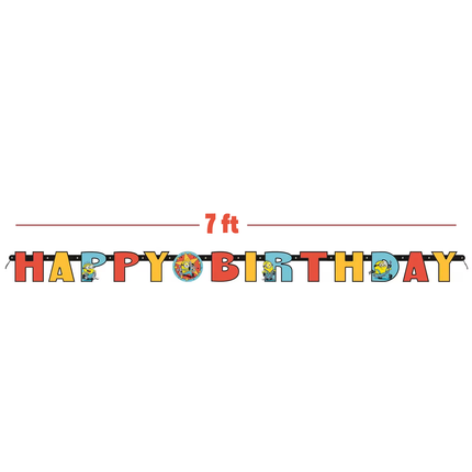 A Minions 'HAPPY BIRTHDAY' banner with cartoon character cutouts, shown on a white background with a red measurement line and '7 ft' text above it.