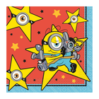 A square Minions-themed party decoration or print featuring a cartoon minion character with one eye holding a camera, set against a red background with yellow stars and a blue border.