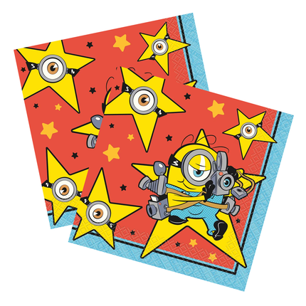 Two Minions-themed party napkins with a red background, yellow stars, and cartoon characters, shown on a white background.