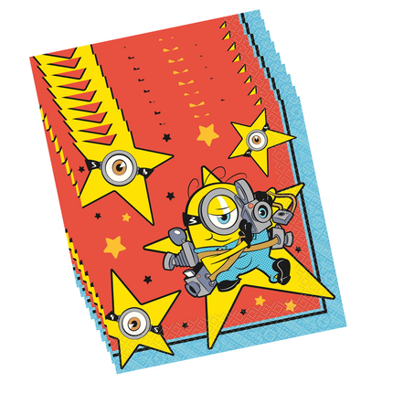 A stack of Minions-themed party napkins featuring a red background, yellow stars, and a cartoon minion character holding a camera, with a blue patterned border.