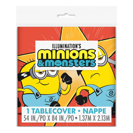 Packaged tablecover nappe featuring the 'Illumination's Minions & Monsters' design, with cartoon Minions and a pencil illustration on a red and yellow background.