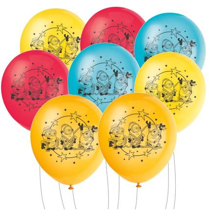 A set of eight latex balloons in assorted bright colors, featuring a black printed graphic of Minions characters under a crescent moon and stars.