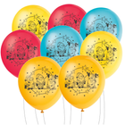 A set of eight latex balloons in assorted bright colors, featuring a black printed graphic of Minions characters under a crescent moon and stars.