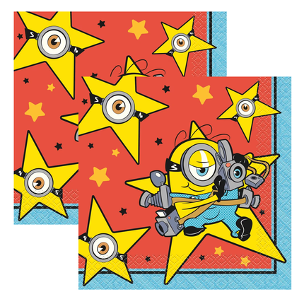Two Minions-themed party napkins featuring a red background with yellow stars, black stars, and a cartoon Minion holding a camera, with a blue border.