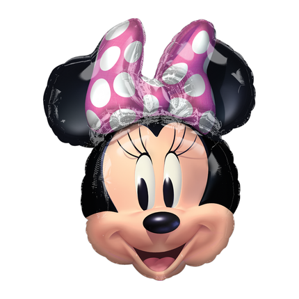 Minnie Mouse balloon with pink bow and black ears on a white background
