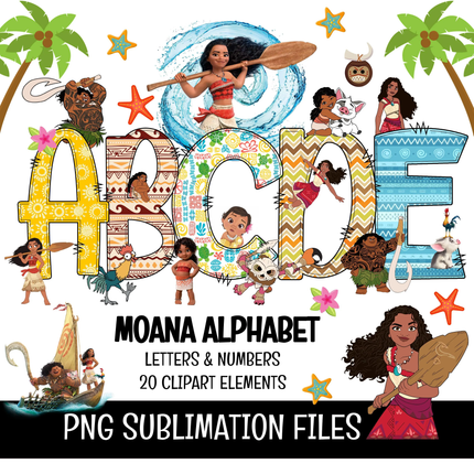 Moana 2 Doodle Alphabet Letters, Numbers PNG Bundle Instant Download