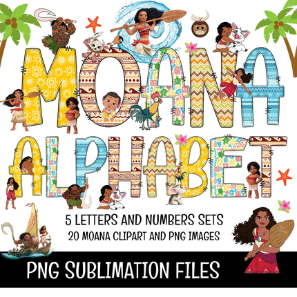 Moana 2 Doodle Alphabet Letters, Numbers PNG Bundle Instant Download
