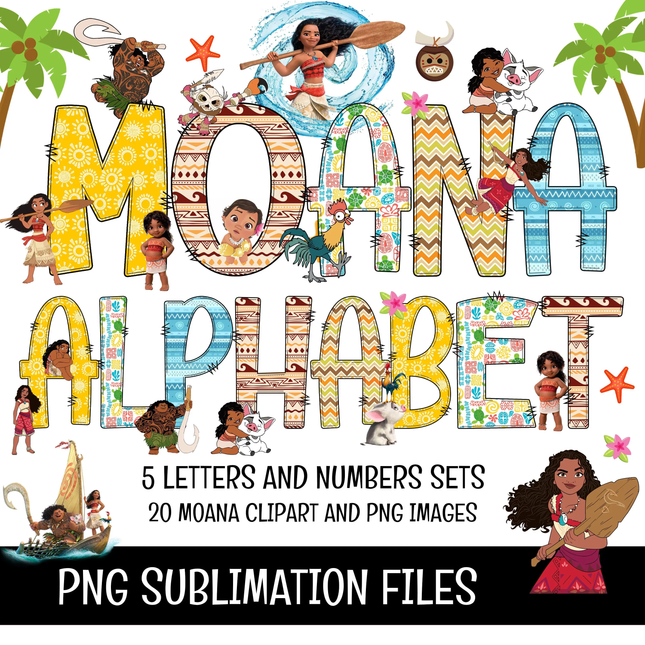 Moana 2 Doodle Alphabet Letters, Numbers PNG Bundle Instant Download