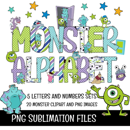 Monster Inc Doodle Alphabet Letters PNG Bundle Instant Download